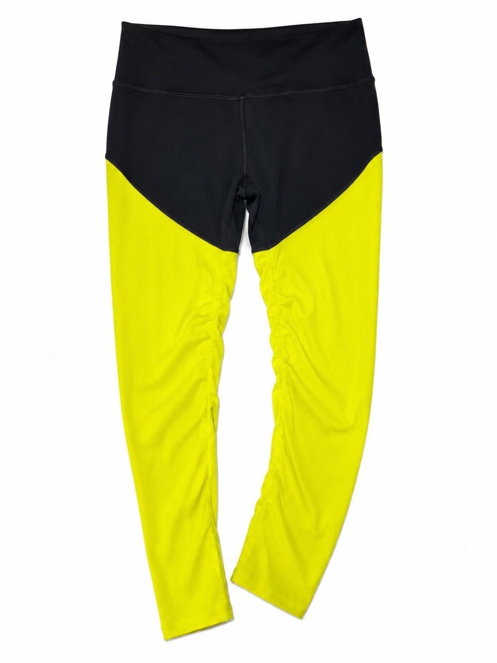 Zyia Active Neon Yellow Black Colorblock Leggings Size 12 Ruched Athletic 25”